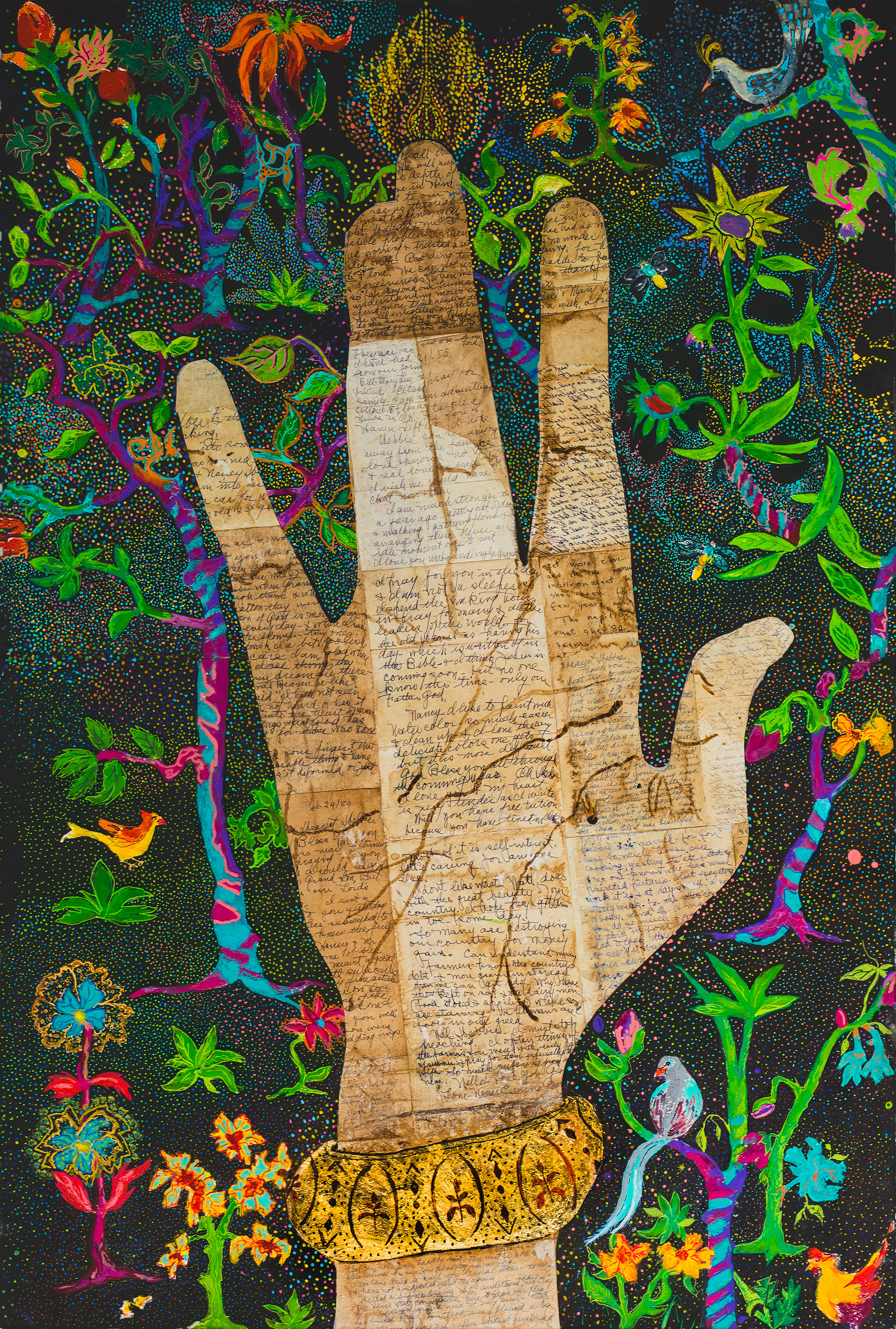Deborah Mitchell, Hand of Fate: Ancestors, monotype and acrylic with collaged letters. 42” x 35”