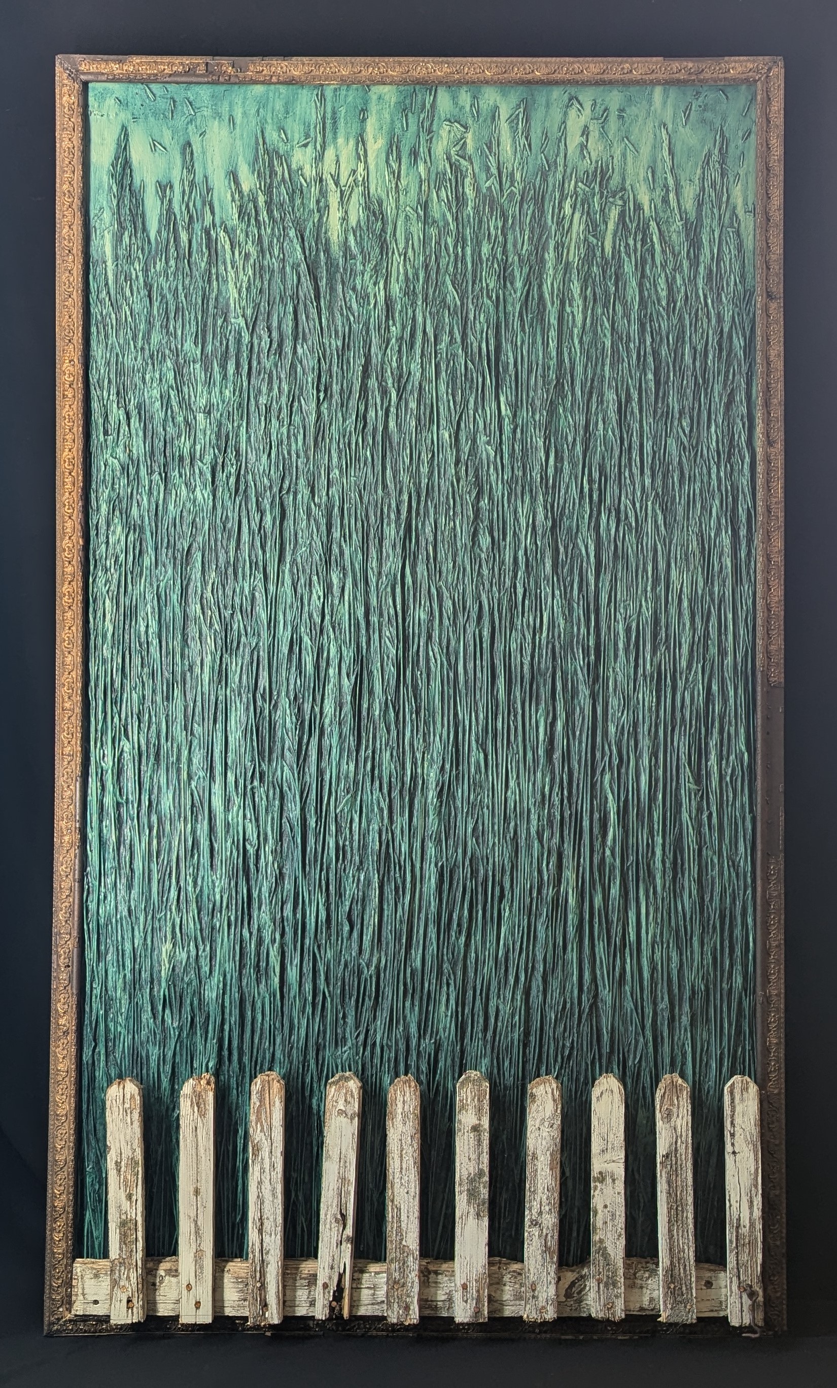 Susan Heggestad, “Privilege Blinds us to our Relationship With the Planet,” brome grass, acrylic latex paint, water-based intaglio ink and fencing on found panel, 2024.