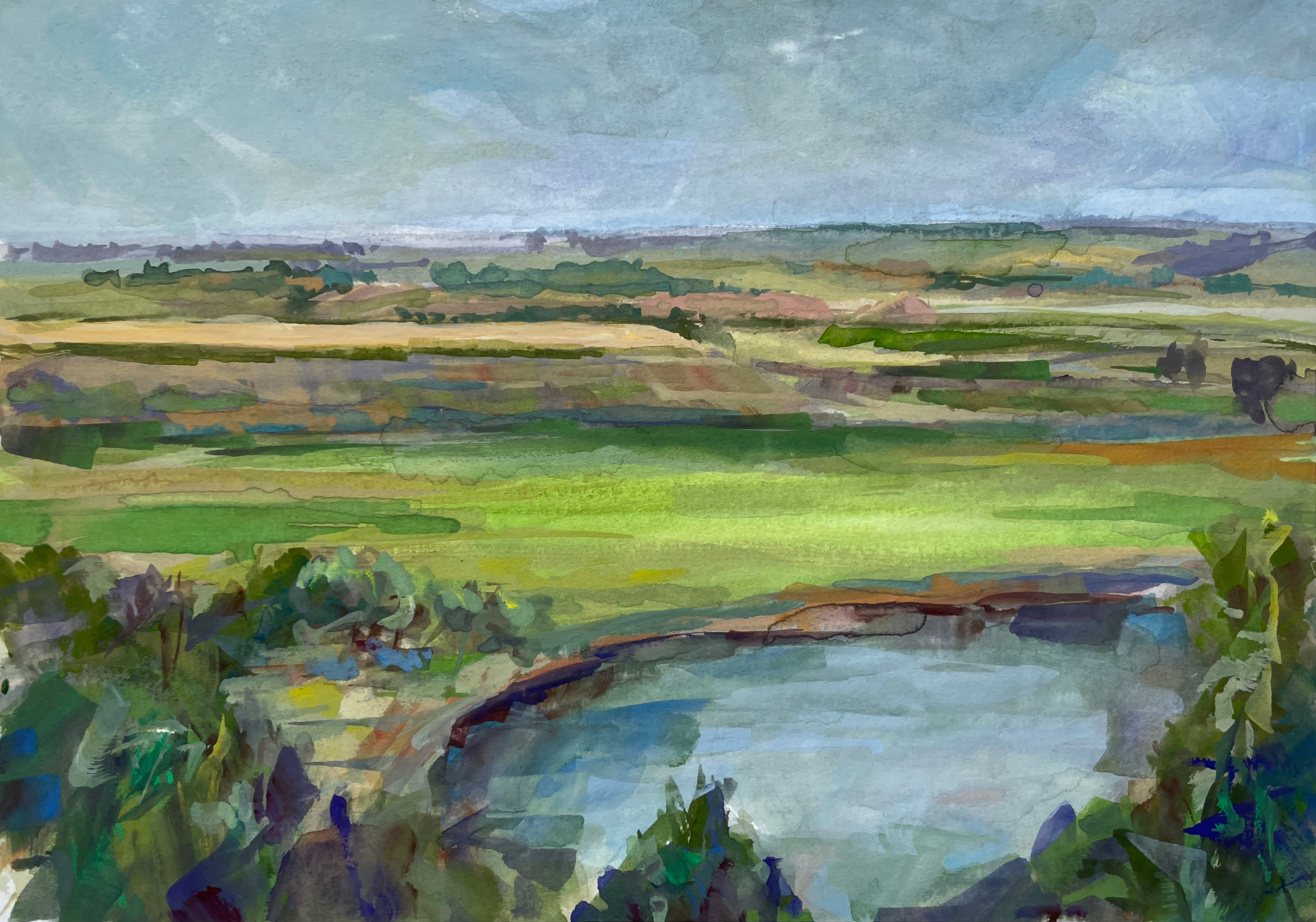 Scott Parsons, “View from Good Earth State Park,” Sioux Falls, gouache on illustration board, 2024